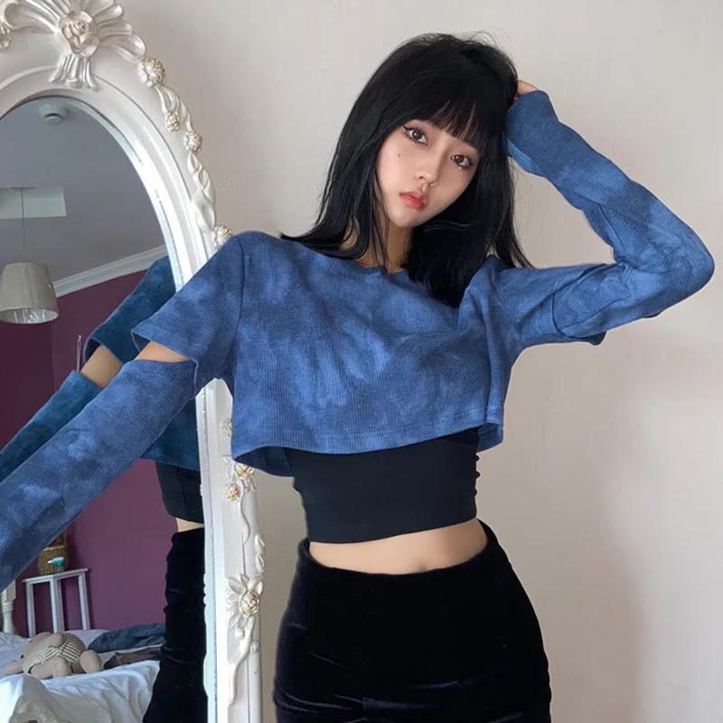 Jarní a podzimní nové batikované dvoudílné topy Dámské krátké tričko s výřezy na rukávech Streetwearový cool styl Ležérní košile