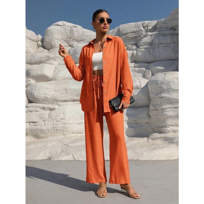 Women's Fashion Solid Color Collar Button Long Sleeve Top Elastic Waist Straight Pants Casual Set