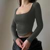 Crop top pentru femei, cu gât pătrat, mâneci lungi, tricou scurt tricotat, culoare pură, pulover elastic, bluză de petrecere în club