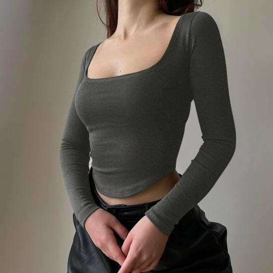 Crop top pentru femei, cu gât pătrat, mâneci lungi, tricou scurt tricotat, culoare pură, pulover elastic, bluză de petrecere în club