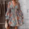 Autumn/winter Elegant Women's Floral Print V-neck Dress with Flared Sleeves