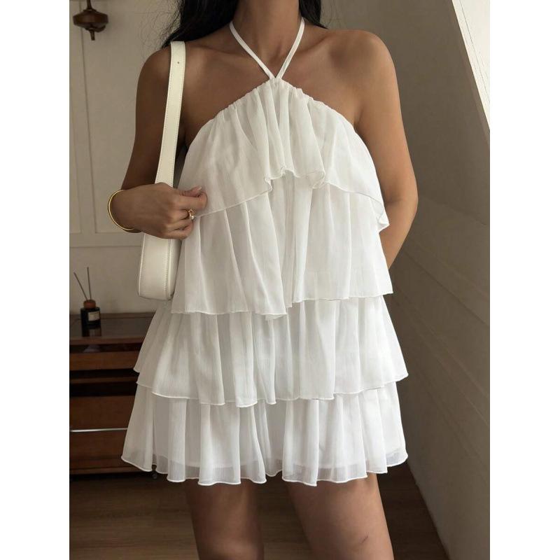 European summer new neck chiffon temperament short cake skirt off-the-shoulder sleeveless dress women
