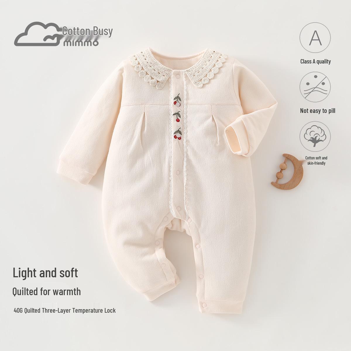 

2025 Winter Lace Lapel Plush-Lined Cotton Coat & Romper for Baby Girls 90cm