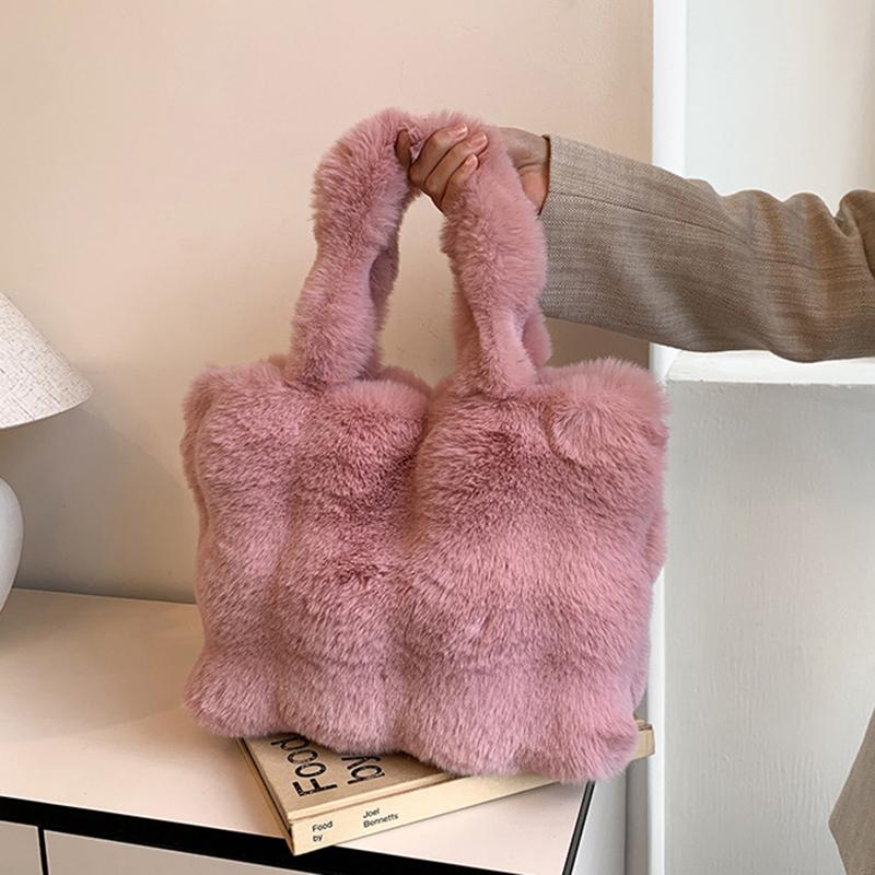 Dames Pluizige Schoudertassen Winter Top-Handvat Handtas Pluche Tote Bag Effen Kleur Commuter Veelzijdige Handtas CLE