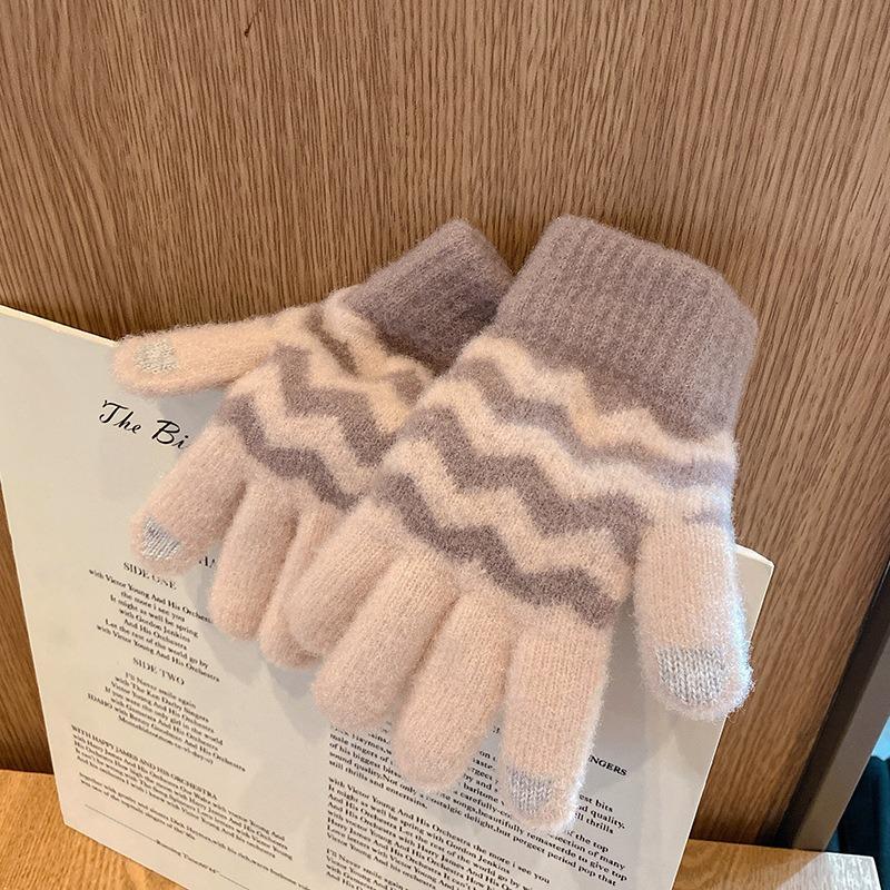 Warm winter gloves female couple five-finger knitting male cycling velvet student thickened cute jacquard