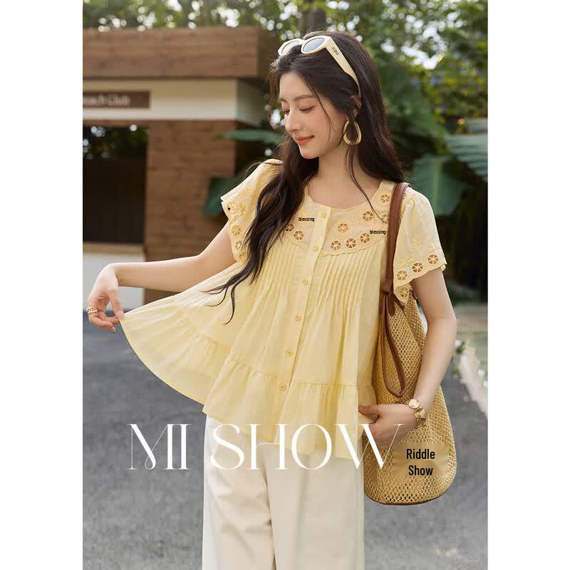 Mioxu Yellow Embroidered Tencel Short Sleeve Shirt S