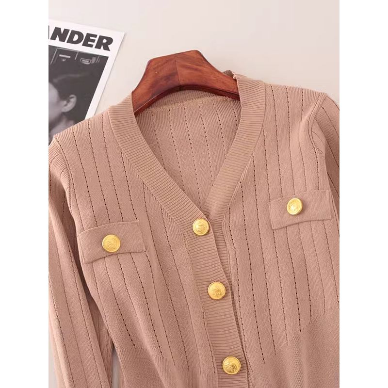 Classic Style V-neck Single Breasted Knitting Cardigan Summer Long-Sleeve Outer Match Short Silm Slim Looking Outer Tops