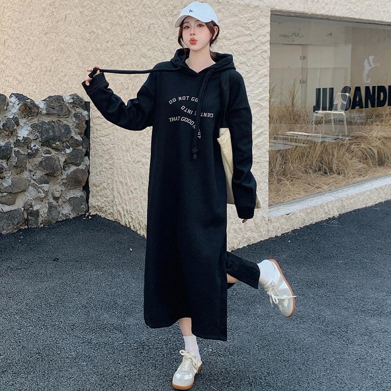 Long sleeve plus size Black Hooded new in dresses for women casual loose spring autumn winter sweateshirt dress
