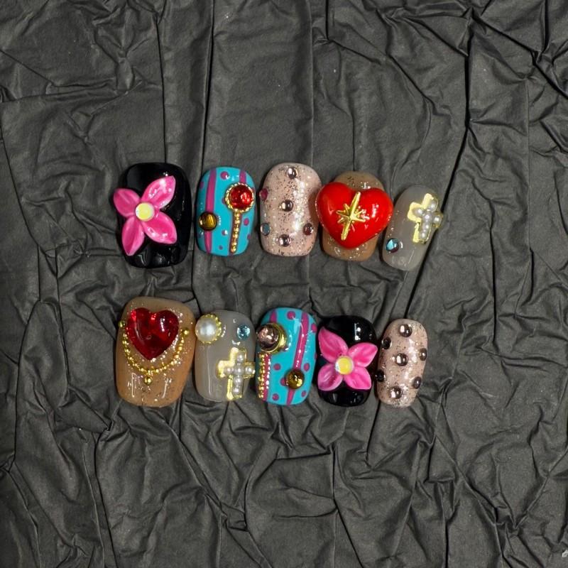 Handmade French Tip Press-On Nails With Floral Design Long Pointed Style Women Extra Small