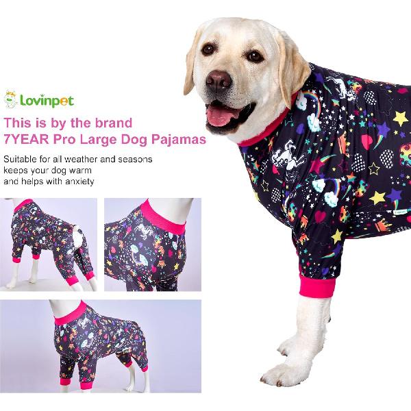LovinPet Large Dog Pajamas Pitbull PJS: Wound Care/Post Surgery Dog Clothes, Onesies for Dogs, Unicorn Rainbows Black Print, Lightweight Stretchy