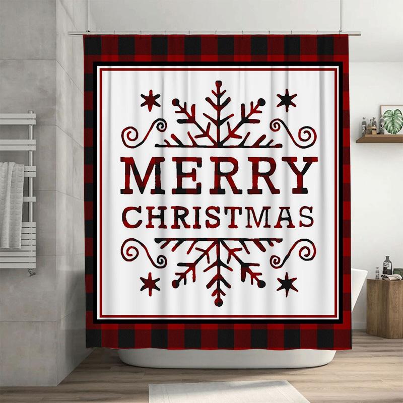 

Classic White Christmas Shower Curtain With Red Lettering, Red Black Plaid Border And Snowflake Stars For Festive Bathroom W60H190(CM)-1 Pcs