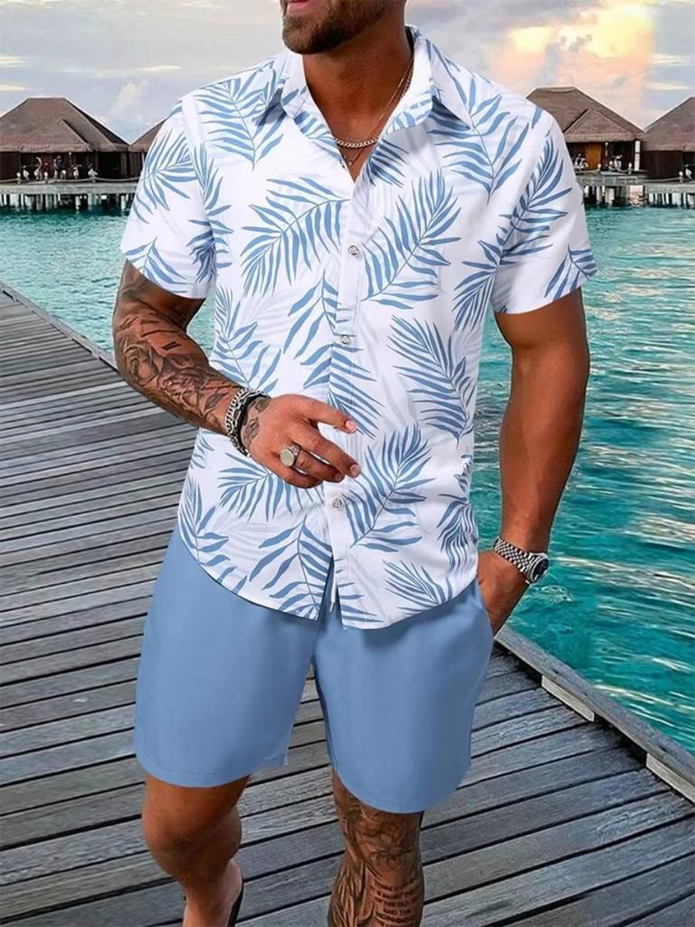 Men's Shirt Set Summer Striped Printed Short Sleeve Shirt Drawstring Shorts Casual Hawaiian Style Men's 2 Piece Home Large Size