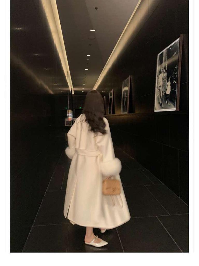 Women's Mid-Length Double-Faced Cashmere Coat with Fox Fur Cuffs for 2025 Autumn/Winter