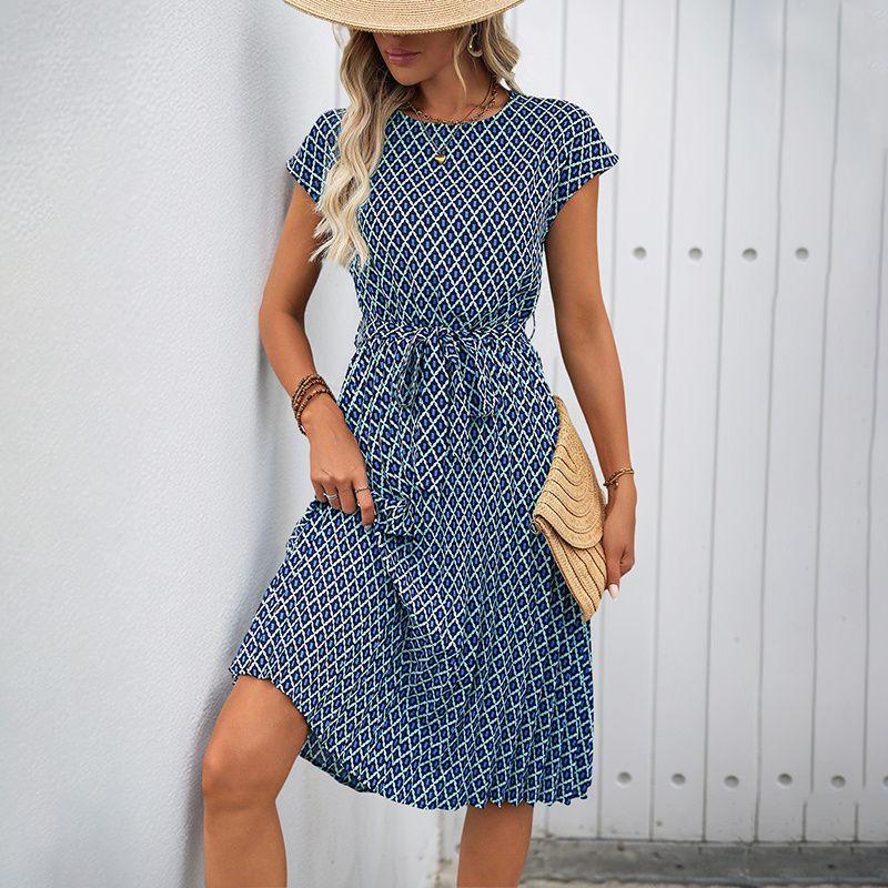 

Summer Women Dress Casual Print Ladies Skirt Fashion Lace-up Women s Dress Blue XL