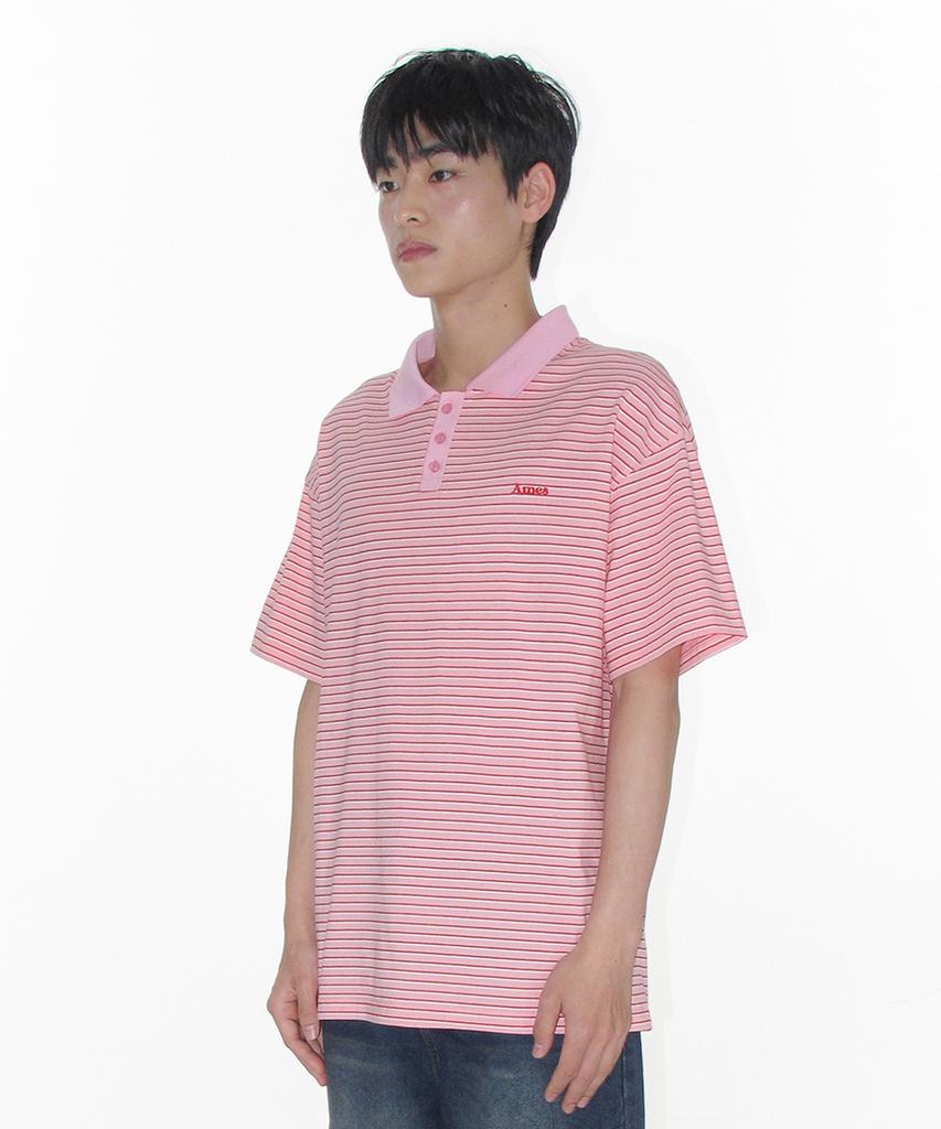 AMES-WORLDWIDE Basic Stripe Collar Tee Pink