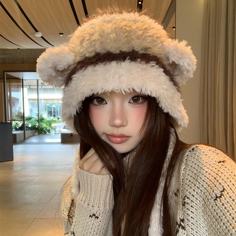 Cute plush Lei Feng hat women's season new thickened warm face small hat ear protection hat knitted hat