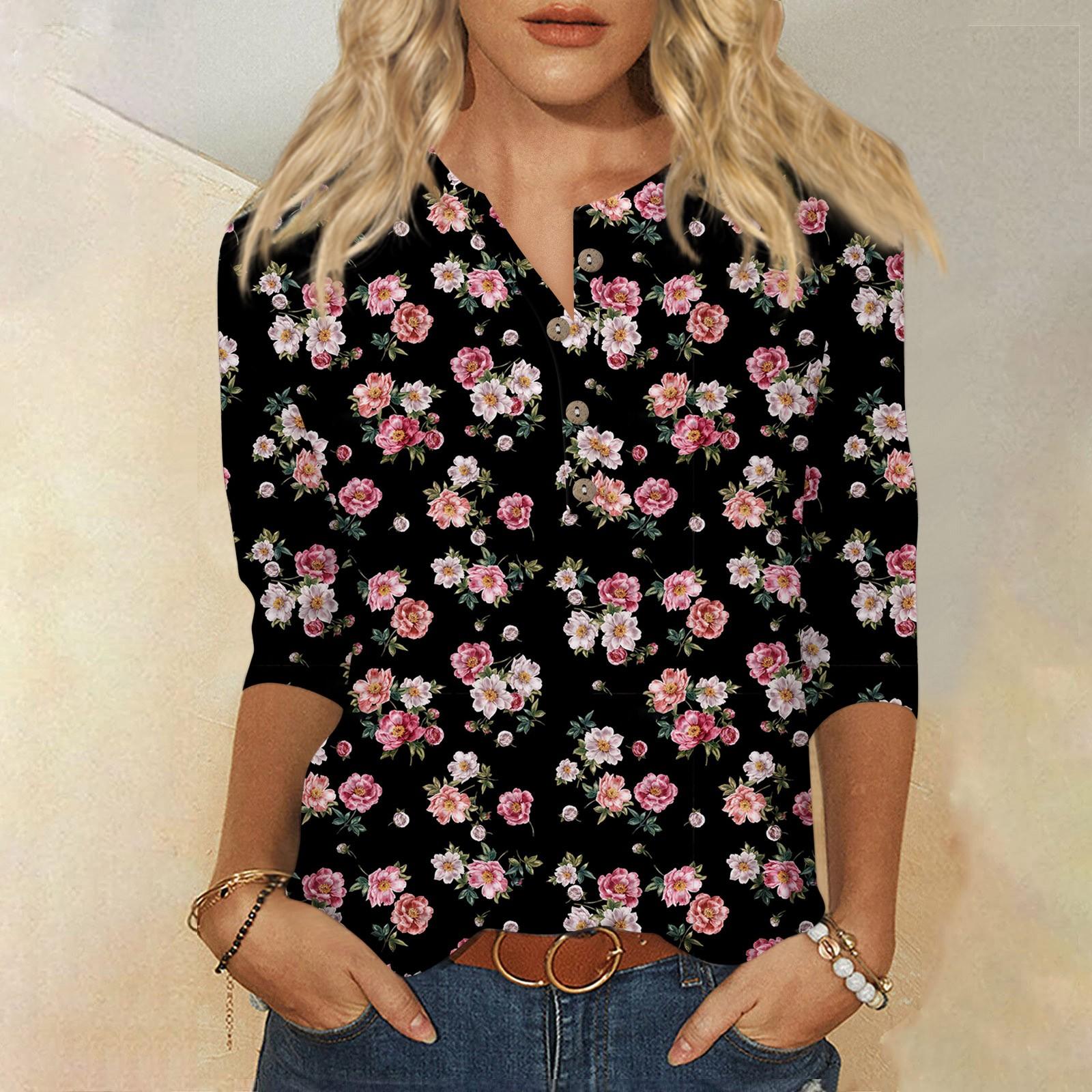 

Рубашки с рукавом 3/4 для женщин, милые футболки с цветочным принтом и графическим принтом, блузки, повседневные базовые топы больших размеров, пуловеры XXXL чёрный
