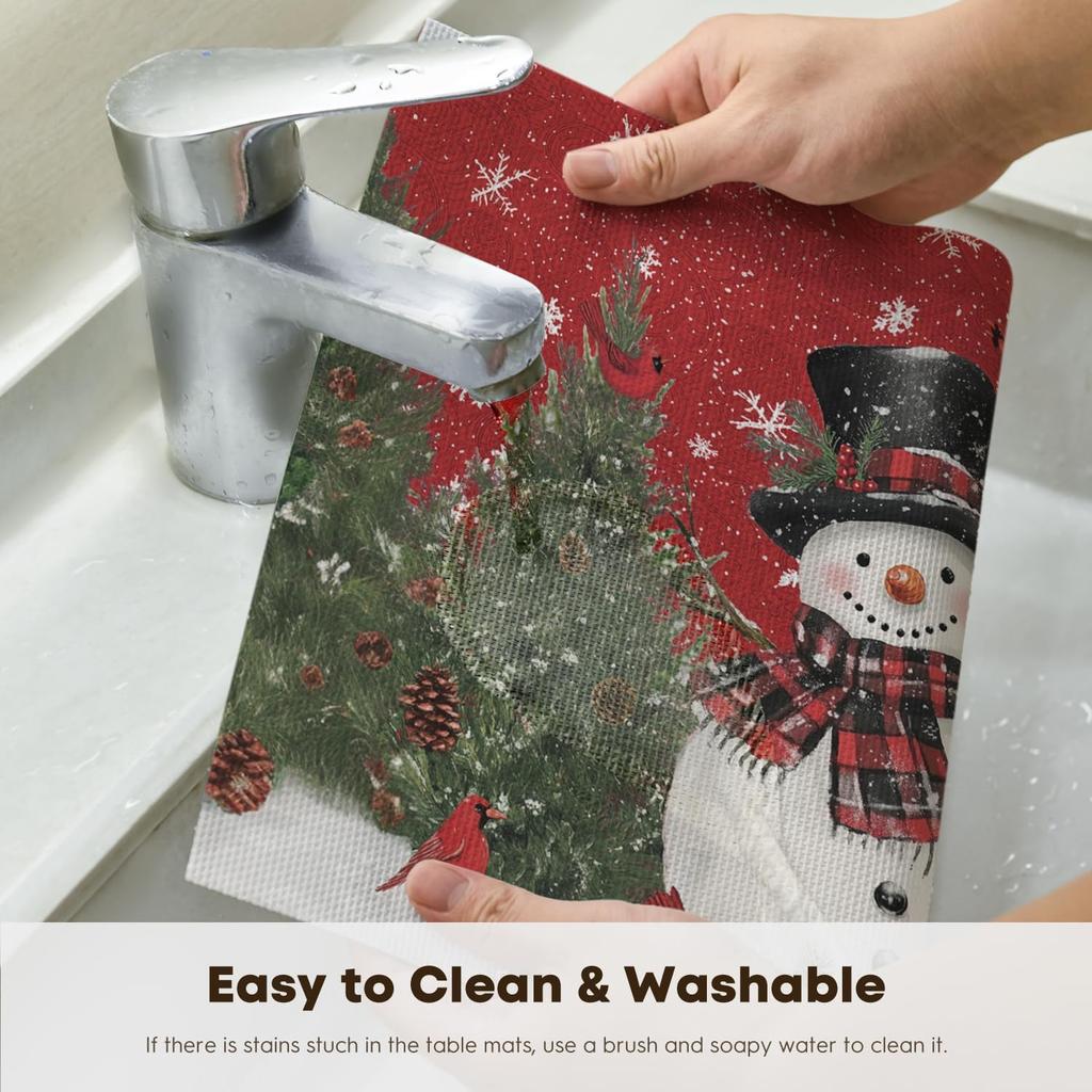 Snowman Trees Winter Floral Vinyl Placemats Set of 4, Wipeable Red Christmas PVC Woven Table Mats for Party Kitchen Dining Decor, 12x18 Inch