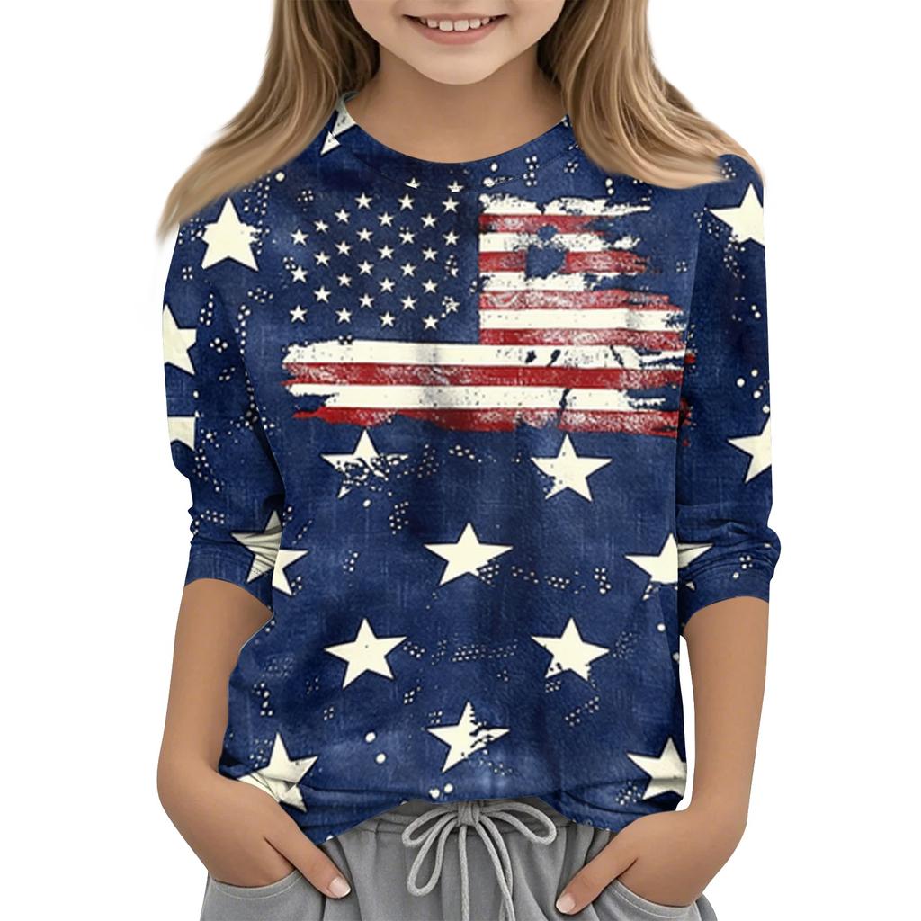 Children's Independence Day Printed Round Neck Seven Quarter Sleeve Casual T-shirt