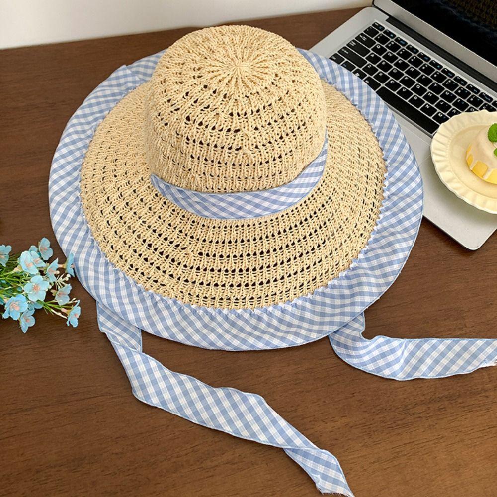 Blue Grid Woven Hat Wide Brim Fisherman Hat Fashion Sun Cap Summer