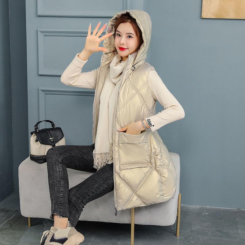 Live hat removable down cotton vest women's autumn and winter medium and long leave-in cotton vest women's vest new trendy