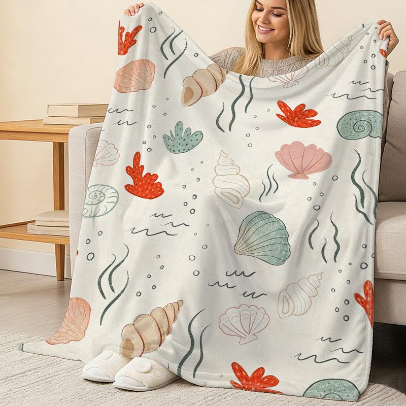 Ocean Themed Flannel Blanket - Soft Lightweight Non-Bulky Throw, Skin-Friendly Cozy Blanket for Home, Window Sill & Holiday Decor