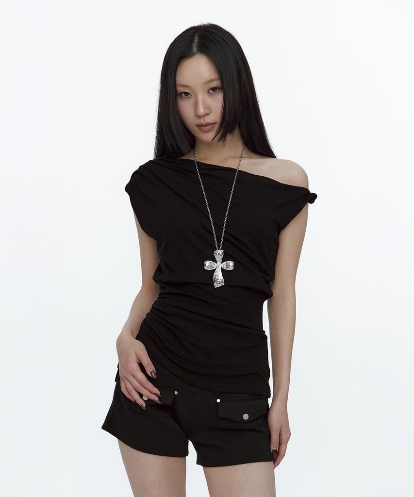 ROUGHNECK Twist Strap Shirring Top Black