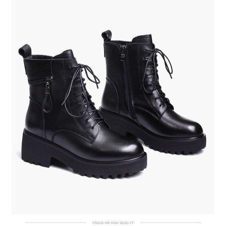 2026 new thick-soled thick-heeled Martin boots lace-up velvet non-slip British style short boots women's versatile soft leather cotton boots