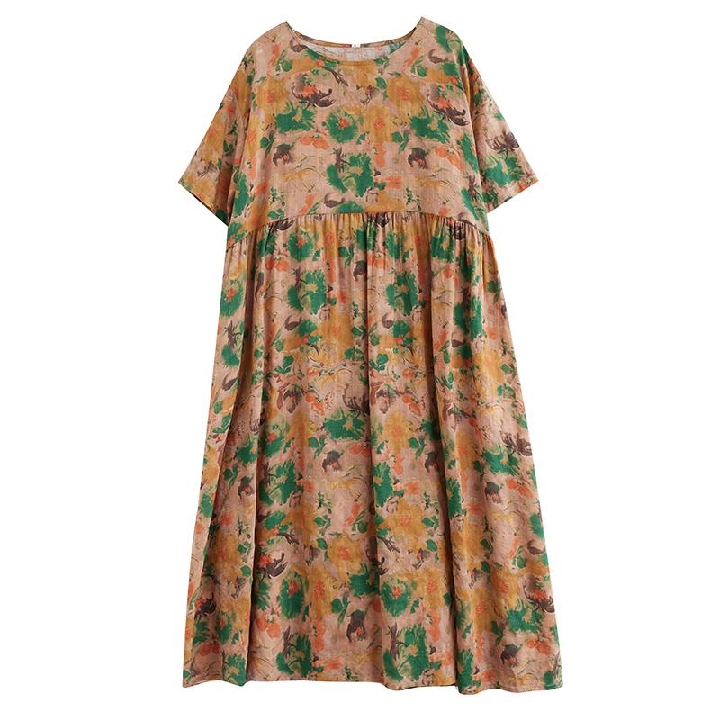 Dimanaf Vestido de Verano Talla Grande para Mujer Casual Largo Vintage Lino Suelto Básico Estampado Floral