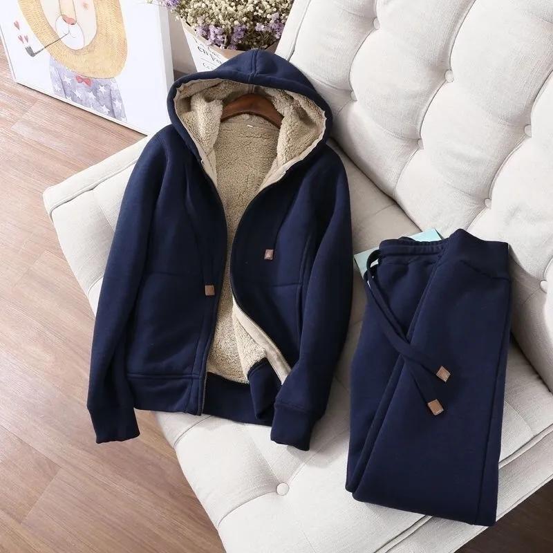 Winter Sports Set for Women Thicken Fleece Sweatshirts Hoodies Women Suit Casual Sports Sets Female Short Coat Straight Pants Two Pieces Sets