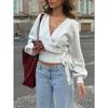 Maglione da donna a wrap con scollo a V, a maglia, con cintura da legare, cropped, a maniche lunghe