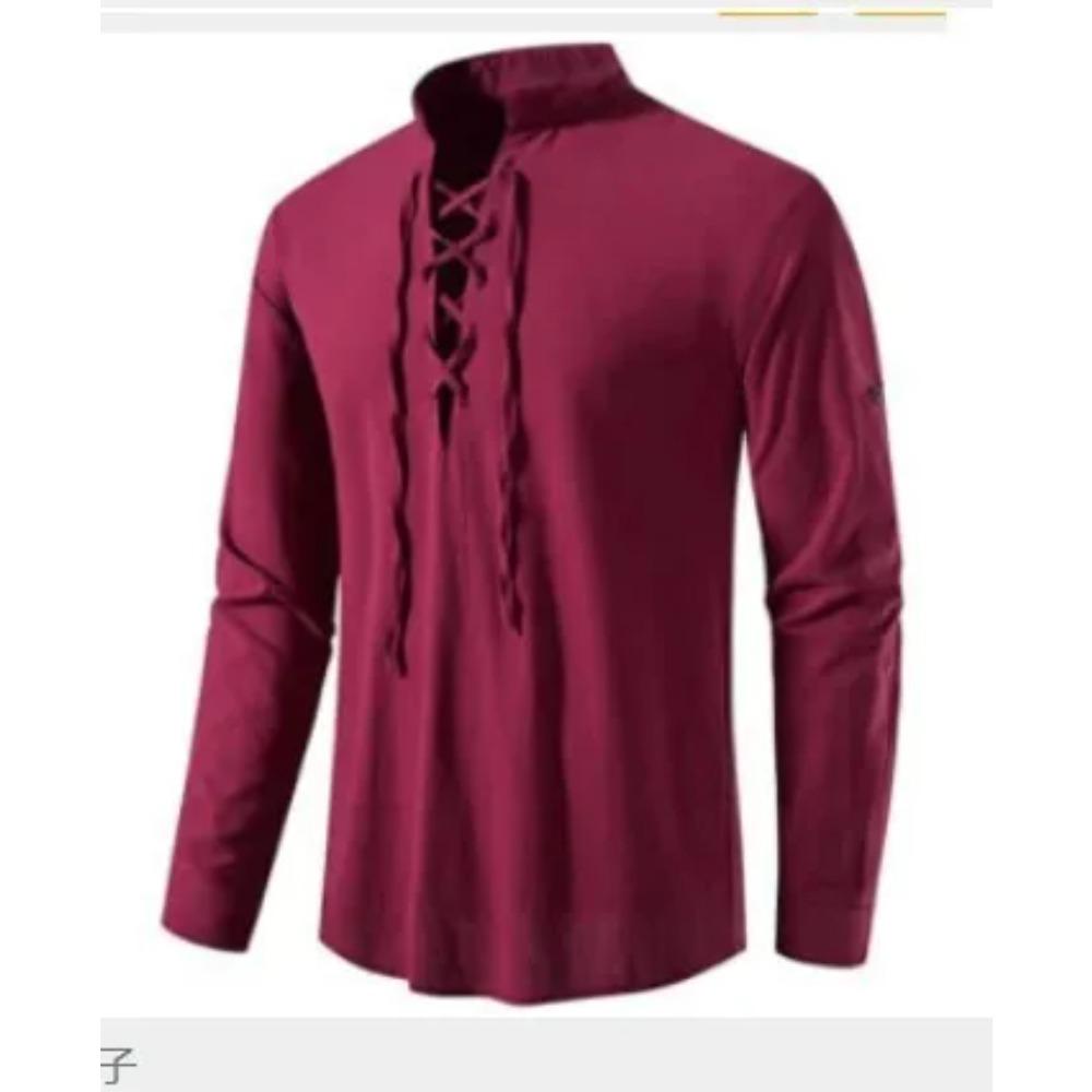Men Cotton Linen Lace Up Long Sleeve Solid Blouse Shirts Summer Male Solid Loose Pullover Blouse Tops ARJ-A1776