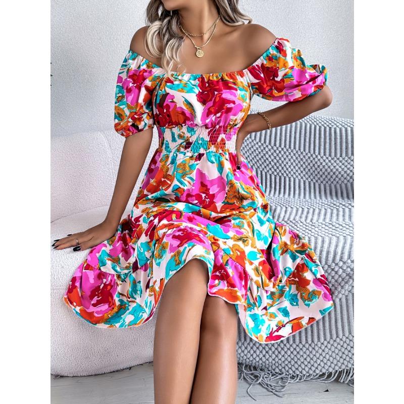 Women's Spring Summer Casual Flower Square Collar Short Sleeve Waist Pinched A-line Dress