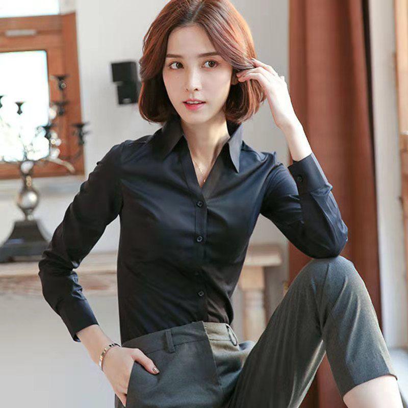 Fashion Office Lady Skinny Button Business Casual Formal Bottoming Solid Turn-down Collar Spring Summer Thin Women's