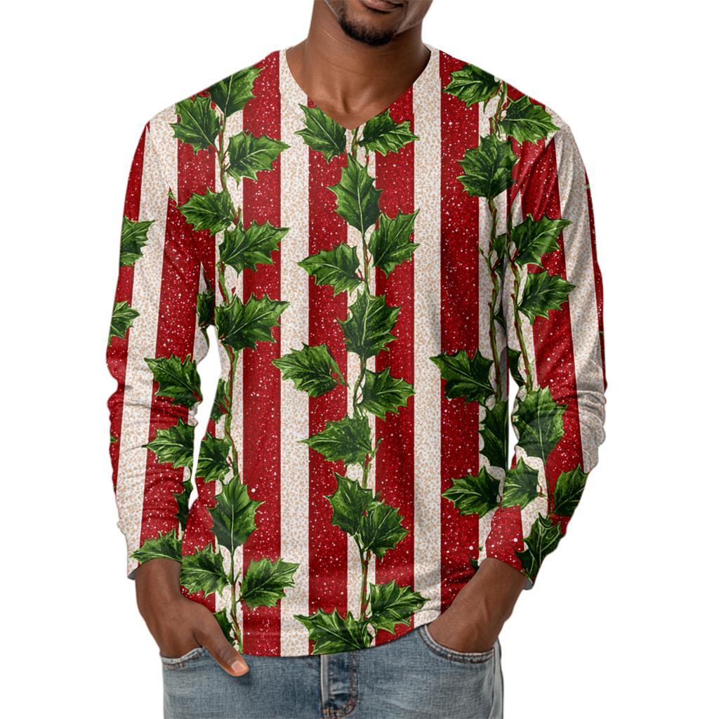 Men's Fashion Printed V-Neck Casual Long-Sleeved T-Shirt Bottoming Shirt Top