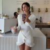 Sommer Neue Damenbekleidung Temperament Sexy Einfarbige Kragen Taille Hüfte Falten Langarmkleid