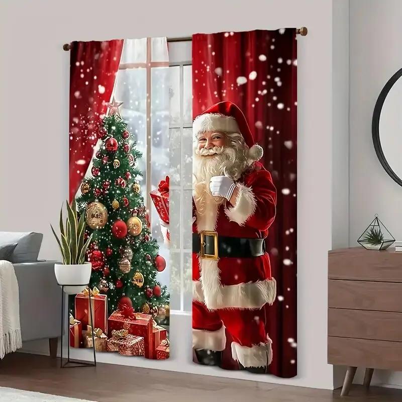 Santa Claus Christmas Tree Pole Bag Curtains Bedroom Living Room Decoration Home Curtain Made Of Polyester Washable Sitting Ready