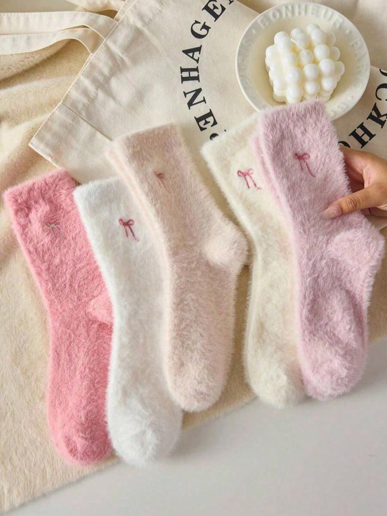 Autumn Winter Fleece Bow-Tie Plush Socks Woman Cute Sweet Mid-Calf Socks Thickened Warm Home Sleep Short Socks for Girls