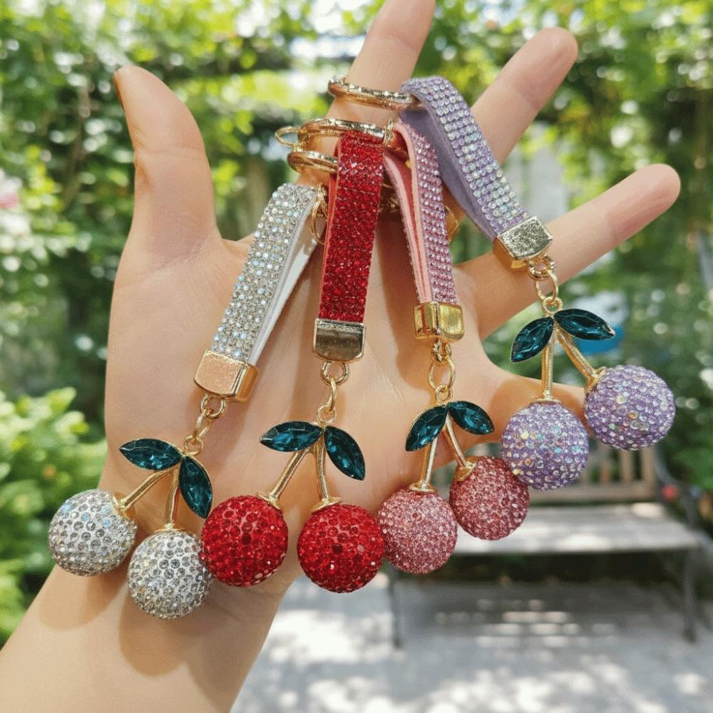 Blingbling Full Rhinestones Cherry Keychain High-end Bag Charm Rhinestone Car Keyring  Women