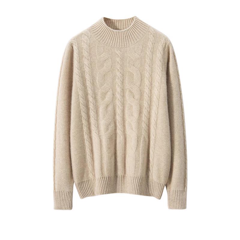 Damen Kaschmir Zopfmuster Pullover - Halboher Kragen, Langarm, Unifarbe, Warme & lässige Basisschicht