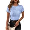 Summer Round Neck Slim Fit Short Sleeved T-shirt Elegant Simple Top Fashion Street Wear Casual Solid Color Blouse Pleated Office Shirts Tees