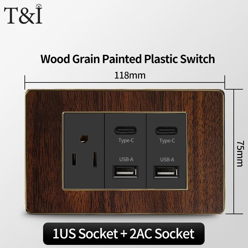 T&I Type 118 Black Retro Wood Grain Wall Plate, US Standard Electrical Outlet Cover with Switch