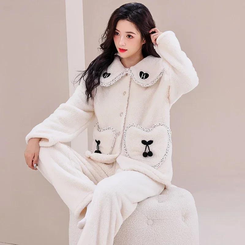 Winter Long Sleeve Thick Warm Flannel Pajama Sets for Women Coral Velvet Cardigan Sleepwear Suit Pyjamas Homewear Luxury Clothes
