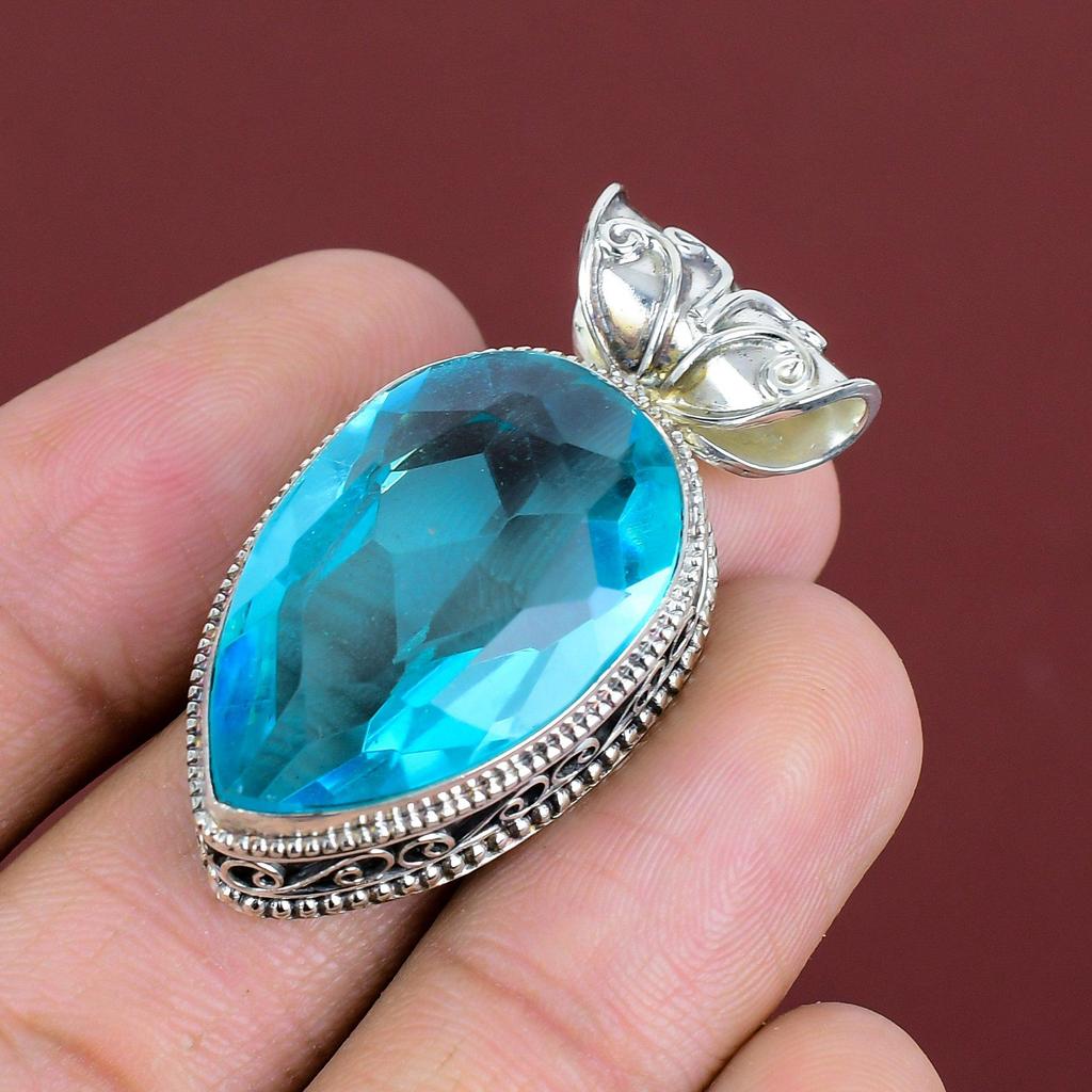 Faceted Swiss Blue Topaz Pendant Vintage Gemstone Pendant 925 Sterling Silver Pendant Handmade Jewelry Engagement Gifts Statement Pendant