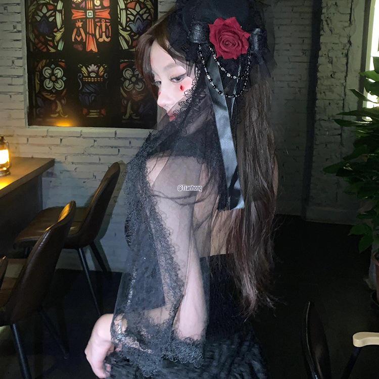 Velo de Encaje de Novia Fantasma de Halloween con Mini Sombrero de Copa de Rosa
