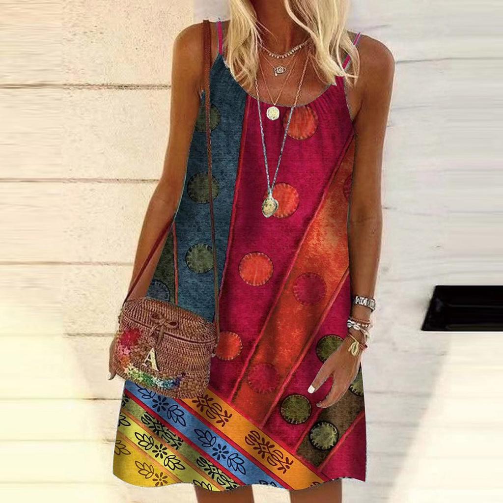 Robe d'été sans manches, col rond, imprimé Vintage, genou ample