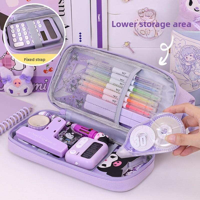 Essential for back to school large capacity double-layer pencil case High-quality pencil eraser ruler storage bag office supplie