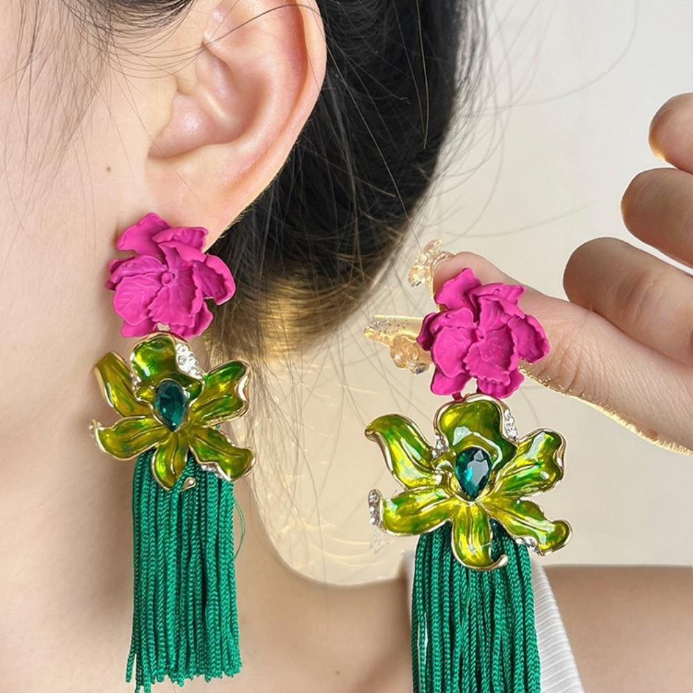 Tassel Flower Drop Earrings Rhinestone Sweet  Earrings Trendy Bohemian Earrings Women  Gift
