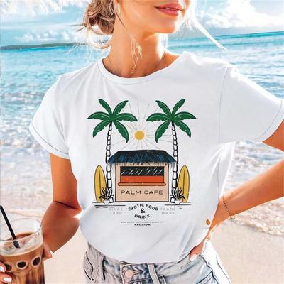 Cute T-Shirt Short Sleeved Beach Vacation Casual Print Women's Fashion Style O-Neck Summer Top Pattern Beach Travel T-Shirt