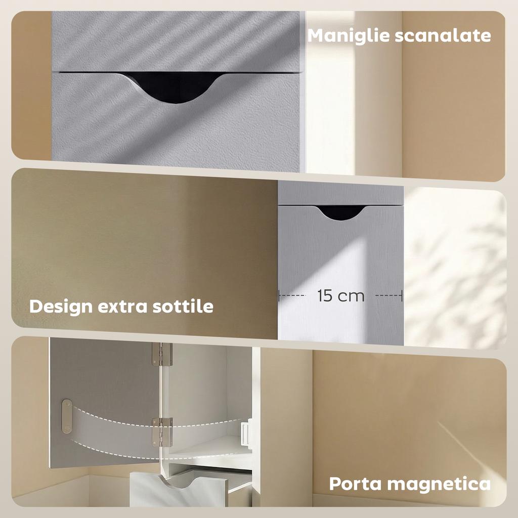 Colonna per Bagno, Mobile da Bagno in Legno Salvaspazio, Mobile con Armadietto, Mensole e Cassetti, 15x33x136,8 cm, Grigio Chiaro